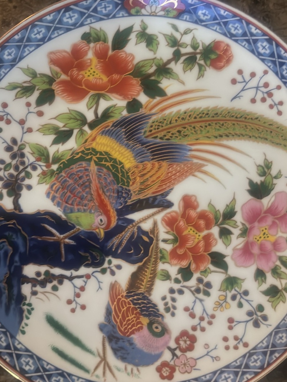 Decorative Multicolor Porcelain Plate with Bird and Floral Motif